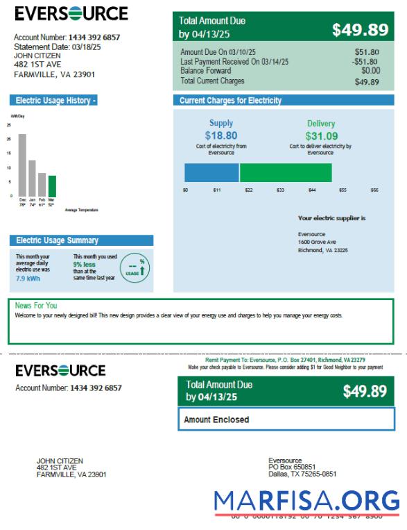 Printable USA Eversource utility bill template in Word and PDF formats, version 2